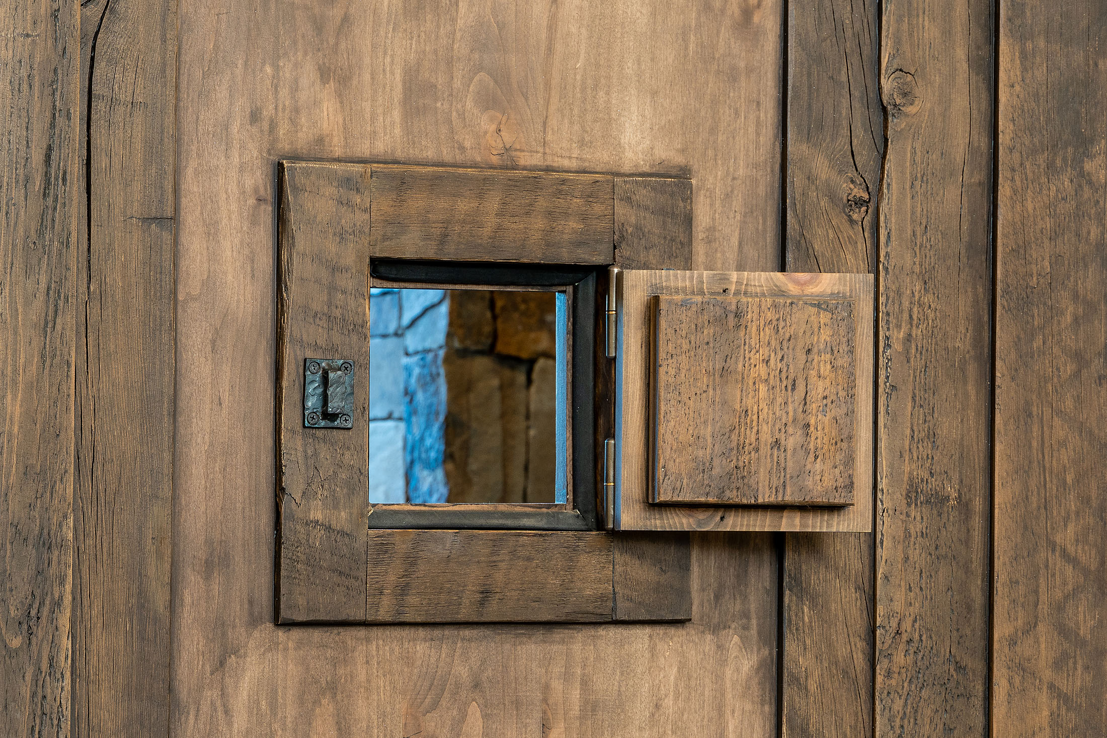 North Rim custom reclaimed-fir entry door with speakeasy window, Awbrey Butte