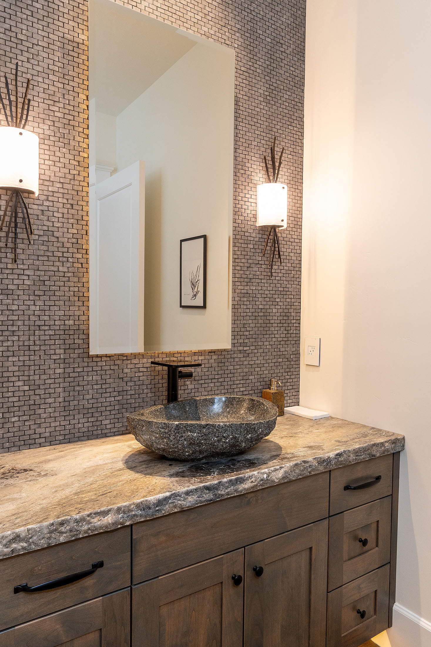 North Rim bathroom with stone vessel sink and mosaic tile, Awbrey Butte