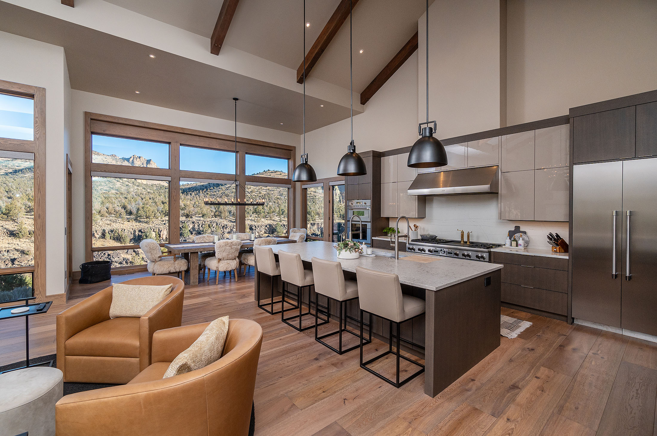 Ranch at the Canyons great room and kitchen open to high-desert views, Terrebonne Oregon