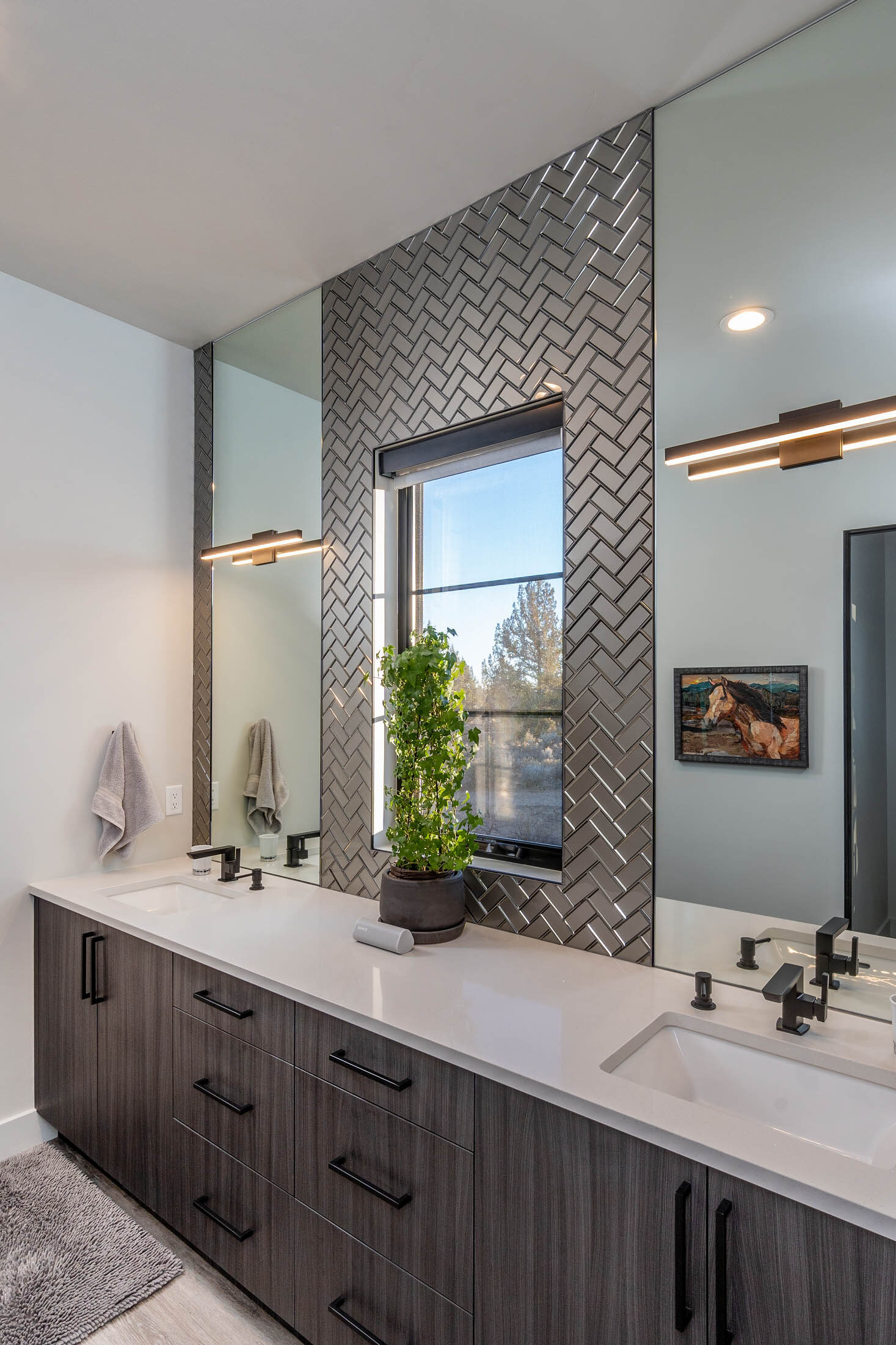 Wildhorse primary bath with double vanity and mosaic tile, Brasada Ranch